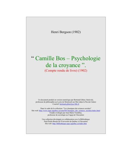 Camille Bos. Psychologie de la croyance (compte rendu de livre 1902)