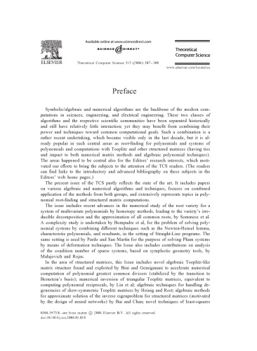 Theoretical Computer Science, Volume 315, Issues 2-3, Pages 307-672 (6 May 2004), Algebraic and Numerical Algorithms