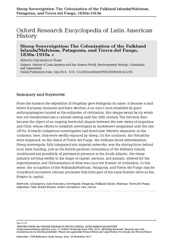 Sheep Sovereignties: The Colonization of the Falkland Islands/Malvinas, Patagonia, and Tierra del Fuego, 1830s–1910s
