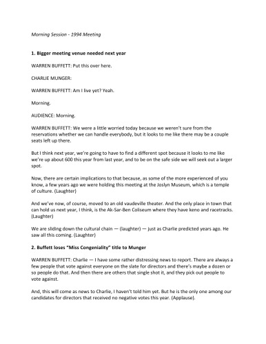 Berkshire Hathaway Annual Meeting Transcripts 1994 - 2022