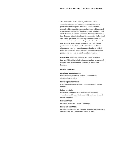 Manual for Research Ethics Committees: Centre of Medical Law and Ethics, King's College London