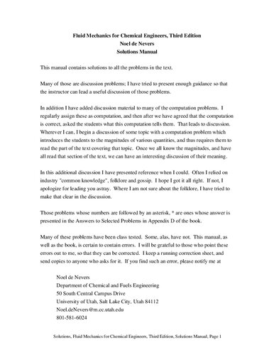 Solutions manual to Fluid Mechanics for Chemical Engineers