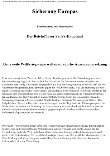 SS-Hauptamt - Sicherung Europas - Der zweite Weltkrieg - Eine weltanschauliche Auseinandersetzung (64 S., Text).