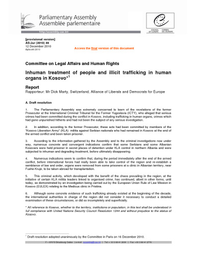 Inhuman treatment of people and illicit trafficking in human organs in Kosovo * - Draft resolution