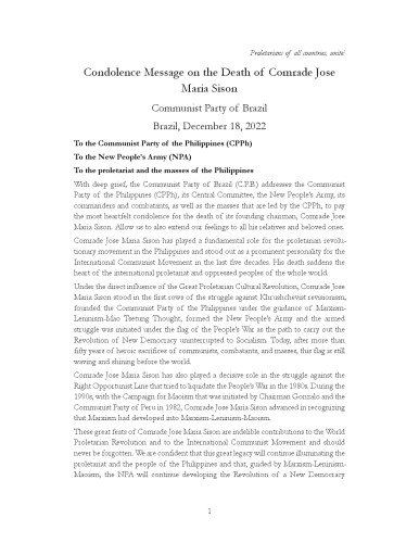Condolence Message on the Death of Comrade Jose Maria Sison