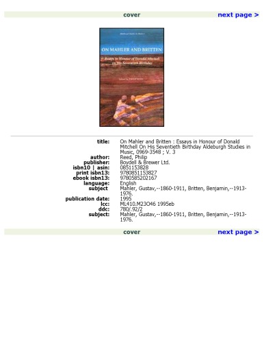 On Mahler and Britten: Essays in Honour of Donald Mitchell on His Seventieth Birthday (Aldeburgh Studies in Music)