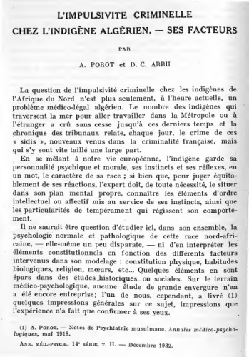 L'impulsivite criminelle chez l'indigene algerien Ses facteurs