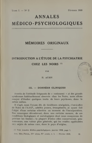 Introduction à l'étude de la psychiatrie chez les noirs