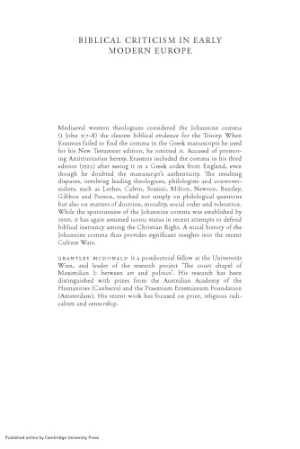 Biblical Criticism in Early Modern Europe: Erasmus, the Johannine Comma and Trinitarian Debate