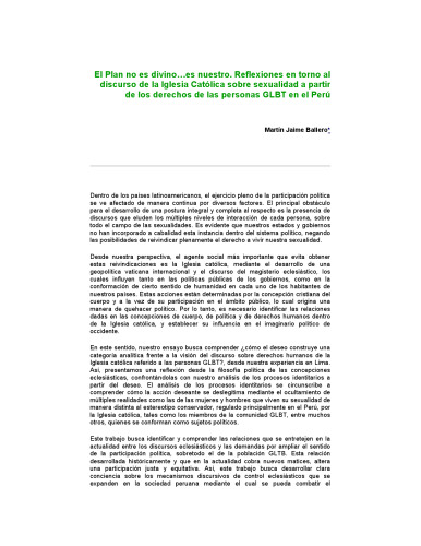 El Plan no es divino…es nuestro. Reflexiones en torno al discurso de la Iglesia Católica sobre sexualidad a partir de los derechos de las personas GLBT en el Perú