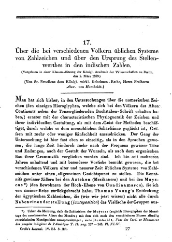 Über die bei verschiedenen Völkern üblichen Systeme von Zahlzeichen und über den Ursprung des Stellenwerthes in den indischen Zahlen