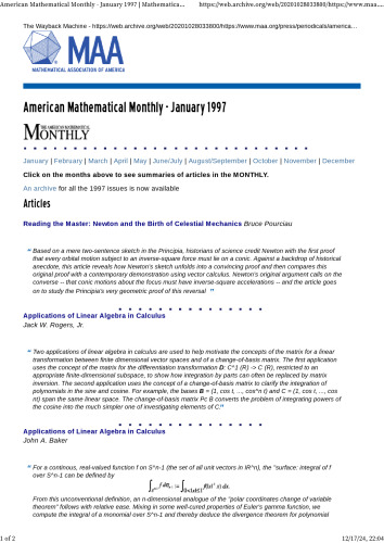 American Mathematical Monthly Tables of Contents/Article Summaries Archives 1997-2010