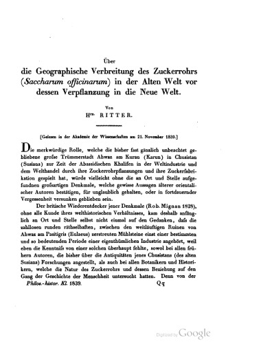 Über die Geographische Verbreitung des Zuckerrohrs (Saccharum officinarum) in der Alten Welt vor dessen Verpflanzung in die Neue Welt