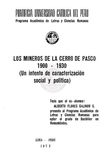 Los mineros de la Cerro de Pasco 1900-1930 (Un intento de caracterización social y política)