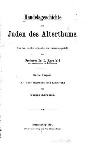 Handelsgeschichte der Juden des Alterthums ; aus den Quellen erforscht und zusammengestellt
