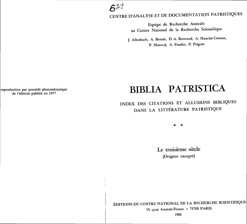 Biblia patristica: Index des citations et allusions bibliques dans la litterature patristique 2. Le troisieme siecle (Origene excepte)