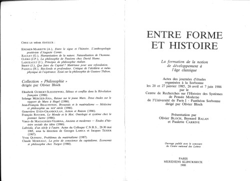 Entre forme et Histoire - La formation de la notion de dévelopment à l'àge classique
