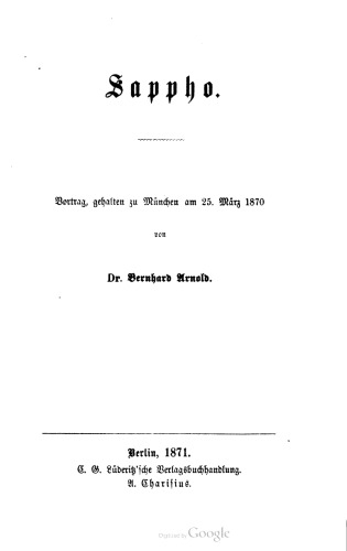 Sappho. Vortrag, gehalten zu München am 25. März 1870