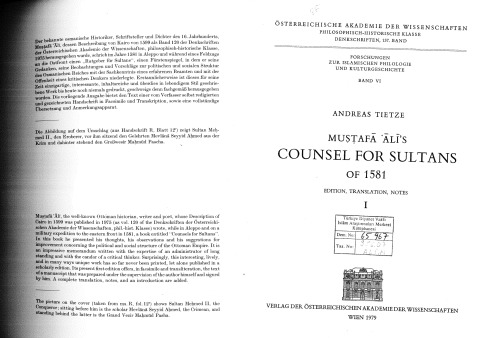 Muṣṭafā 'Ālī's Counsel for Sultans of 1581