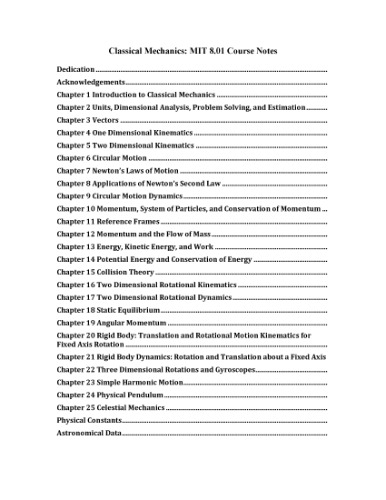 Classical Mechanics: MIT 8.01 Course Notes
