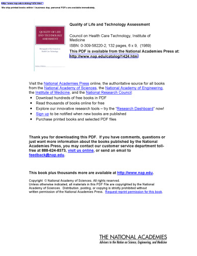 Quality of Life and Technology Assessment (Monograph of the Council on Health Care Technology)