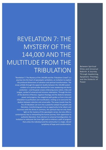 Revelation 7: The Mystery of the 144,000 and the Multitude from the Tribulation  Between Spiritual Elites and Universal Rebirth: A Journey Through Awakening, Apophatic Theology, and the Dialectic of Power
