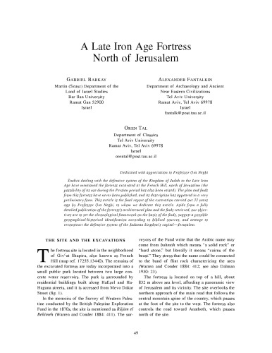 A Late Iron Age Fortress North of Jerusalem