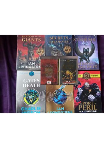 Fighting Fantasy seven latest books in Crystal of storms,secrets of salamonis,shadow of giants,and dungeon of blood isle