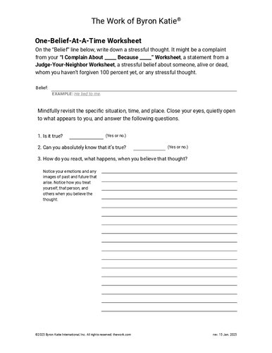 The Work of Byron Katie Worksheets Documents PDF (5 April 2025): 35 Judge-Your-Neighbor Worksheets, 35 Self-Facilitation Worksheets (Byron Katie)