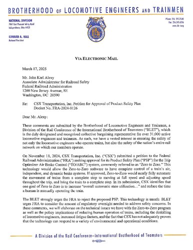 RE: CSX Transportation, Inc. Petition for Approval of Product Safety Plan Docket No. FRA 2024-0126