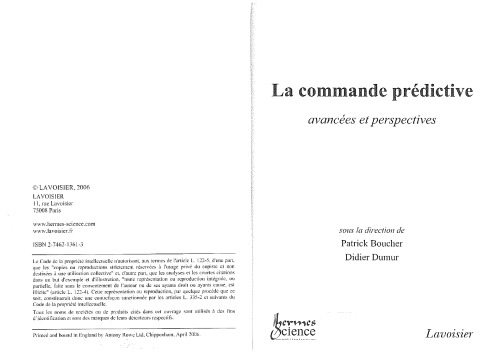 La commande predictive : avancees et perspectives (traite IC2, serie Systemes automatisees)