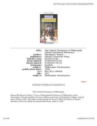 The Oxford Dictionary of Philosophy (Oxford Paperback Reference)