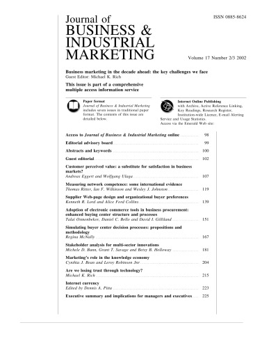 Journal of Business & Industrial Marketing - Volume 17 Issue 2 3 (2002) - Special Issue: Business marketing in the decade ahead: the key challenges we face