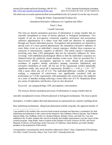 Feeling the Future: Experimental Evidence for Anomalous Retroactive Influences on Cognition and Affect