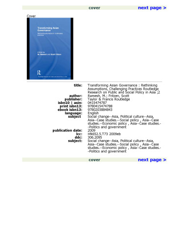 Transforming Asian Governance: Rethinking Assumptions, Challenging Practices (Routledge Research on Public and Social Policy in Asia)