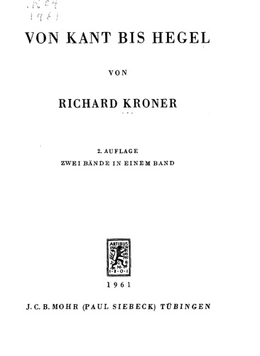 Von Kant bis Hegel 1   2  ( 2nd Ed. 1961 )