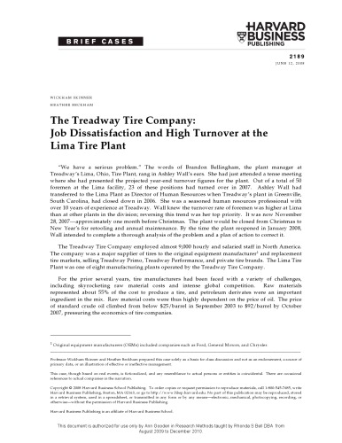 The Treadway Tire Company: Job Dissatisfaction and High Turnover at the Lima Tire Plant