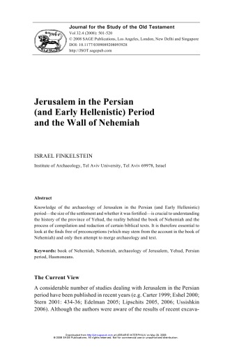 Jerusalem in the Persian (and Early Hellenistic) Period and the Wall of Nehemiah