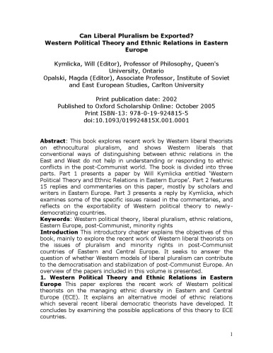 Can Liberal Pluralism Be Exported?: Western Political Theory and Ethnic Relations in Eastern Europe