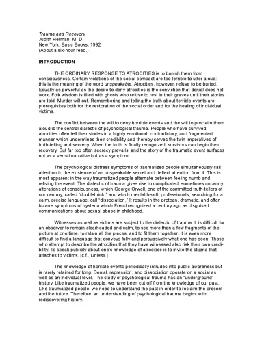 Trauma and Recovery: The Aftermath of Violence--from Domestic Abuse to Political Terror