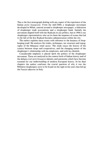 The Political Economy of Shopkeeping in Milan, 1886-1922 (Past and Present Publications)