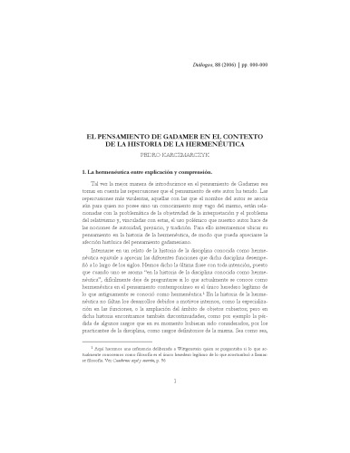 El pensamiento de Gadamer en el contexto de la historia de la hermeneutica, Dialogos, Revista de Filosofia de la Universidad de Puerto Rico, Rio Piedras,  n? 88, Julio de 2006, pp. 93-117