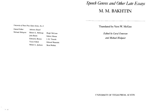 Speech Genres and Other Late Essays (University of Texas Press Slavic Series)