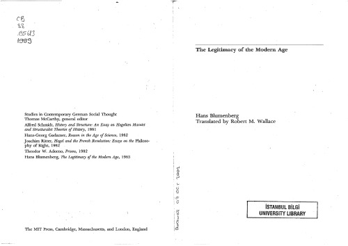 The Legitimacy of the Modern Age (Studies in Contemporary German Social Thought)