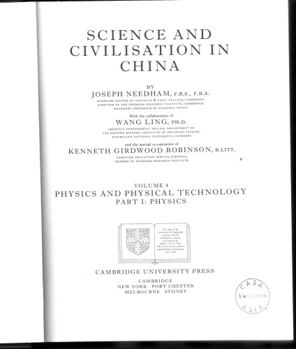 Science and Civilisation in China: Volume 4, Physics and Physical Technology; Part 1, Physics