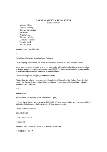 Talking About a Revolution: Interviews with Michael Albert, Noam Chomsky, Barbara Ehrenreich, bell hooks, Peter Kwong, Winona LaDuke, Manning Marable, Urvashi Vaid, and Howard Zinn