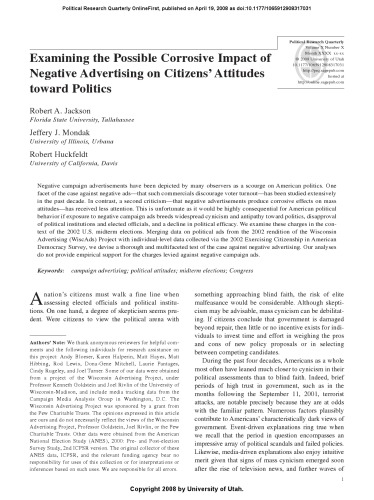 Examining the Possible Corrosive Impact of Negative Advertising on Citizens’ Attitudes toward Politics