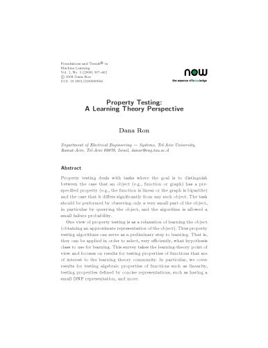 Property Testing: a Learning Theory Perspective (Foundations and Trends in Machine Learning)