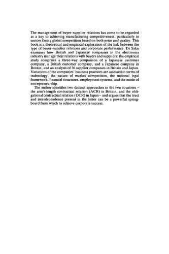 Prices, Quality and Trust: Inter-firm Relations in Britain and Japan