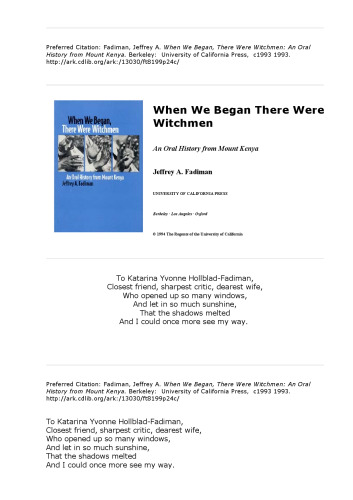When We Began, There Were Witchmen: An Oral History from Mount Kenya (Los Alamos Series in Basic and Applied Sciences, 13)